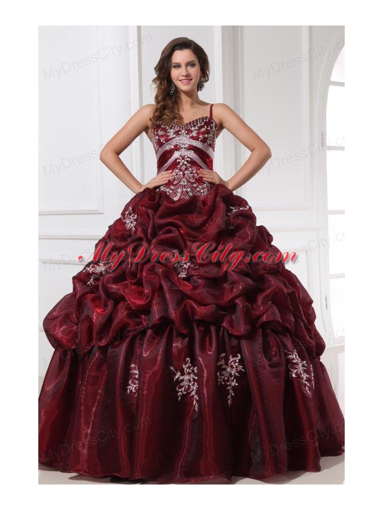 Spaghetti Straps Burgundy Long Quinceanera Dress with Appliques