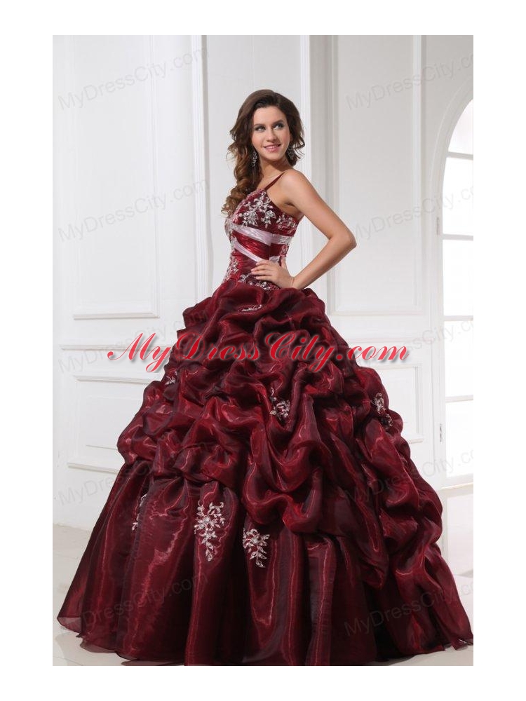 Spaghetti Straps Burgundy Long Quinceanera Dress with Appliques