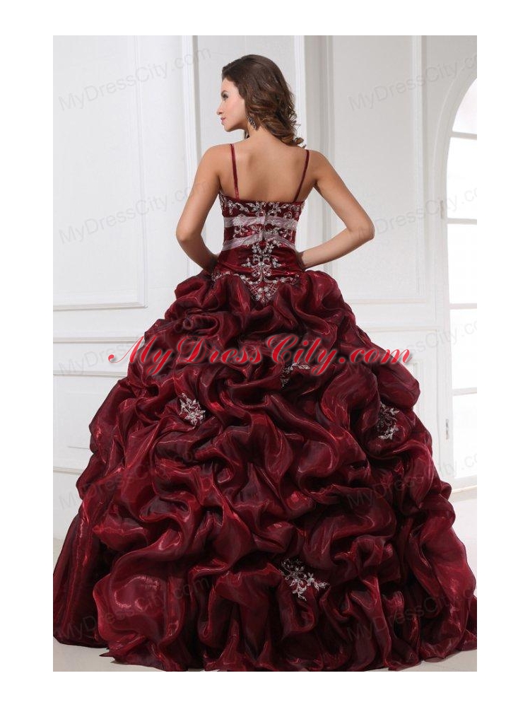 Spaghetti Straps Burgundy Long Quinceanera Dress with Appliques