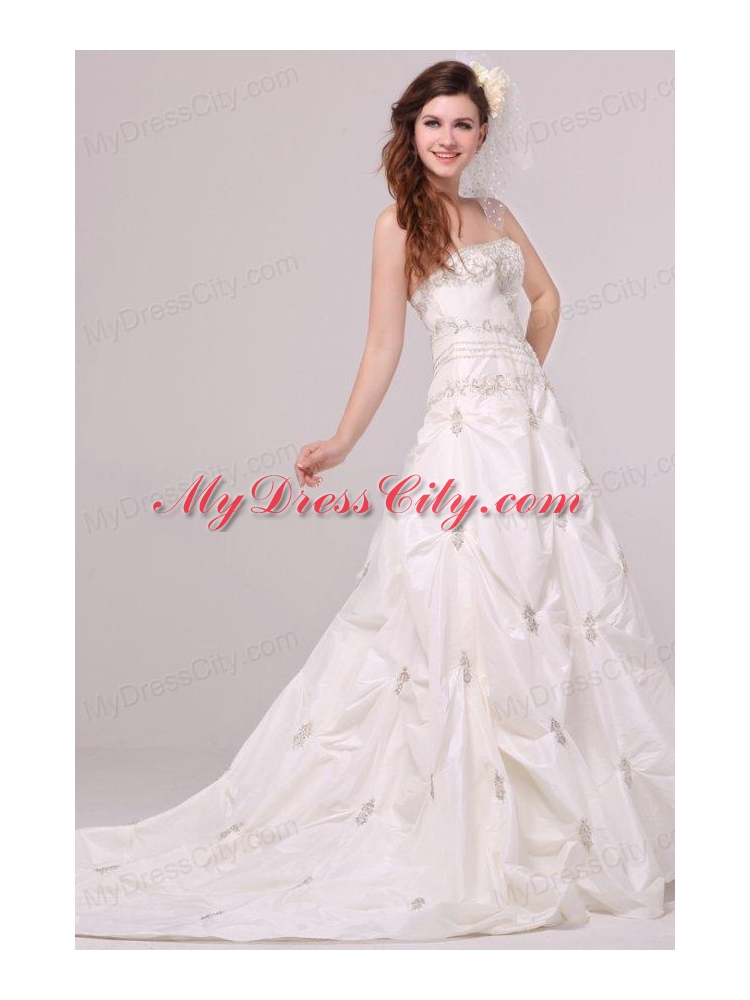 Strapless A-line Appliques and Pick-ups Taffeta Wedding Dress