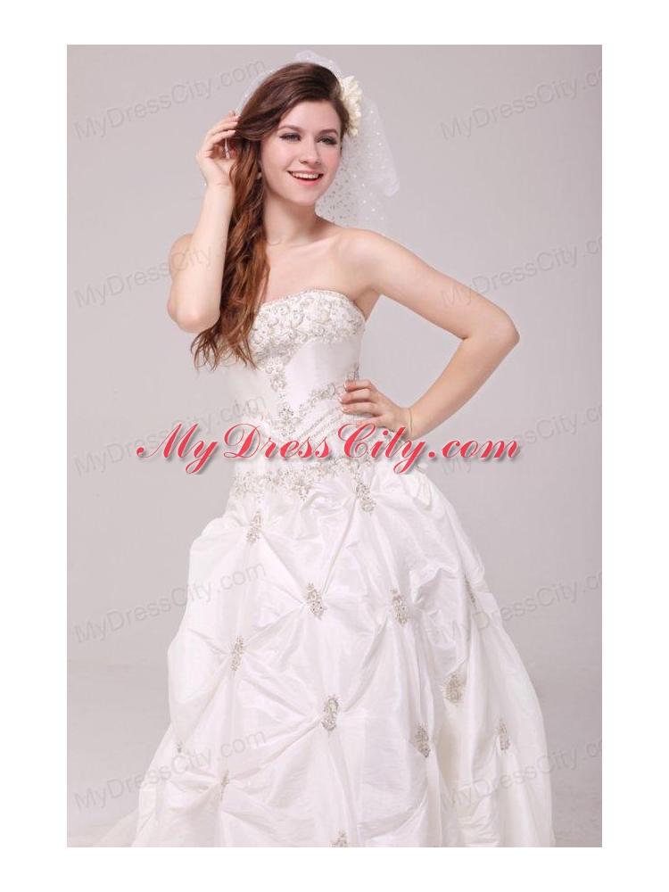 Strapless A-line Appliques and Pick-ups Taffeta Wedding Dress