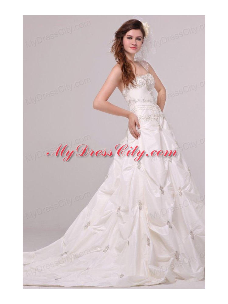 Strapless A-line Appliques and Pick-ups Taffeta Wedding Dress