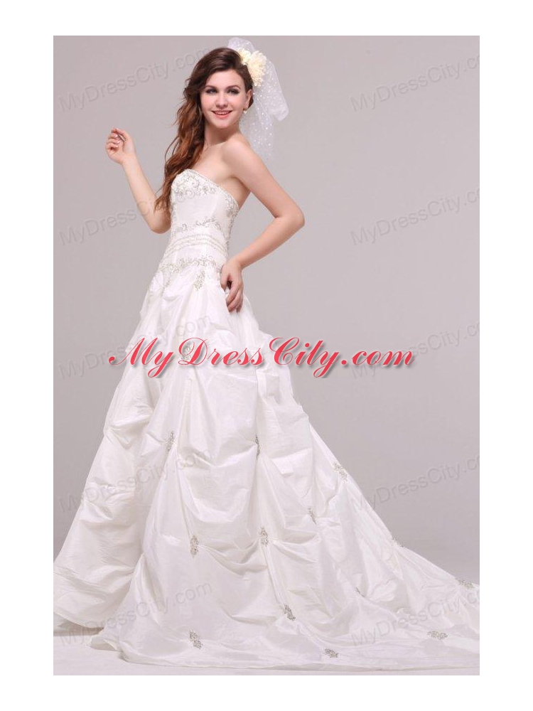 Strapless A-line Appliques and Pick-ups Taffeta Wedding Dress