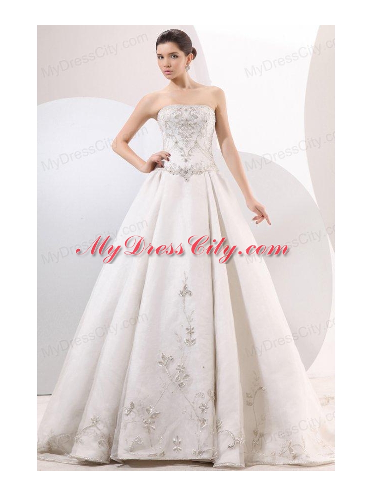 Strapless A-line Embroidery and Beading Wedding Dress with Chapel Train