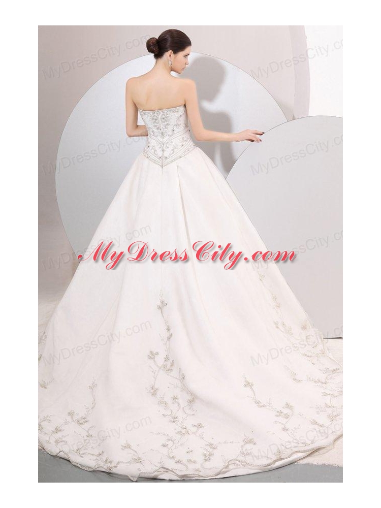 Strapless A-line Embroidery and Beading Wedding Dress with Chapel Train