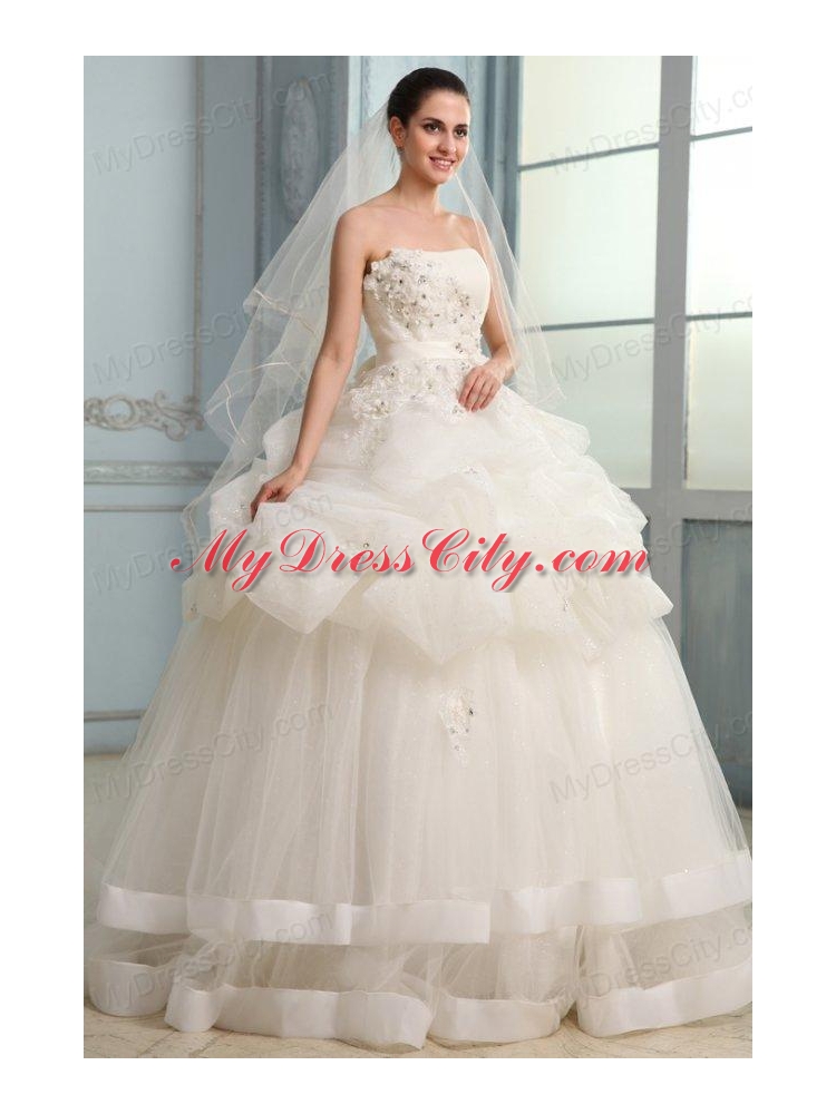 Strapless Ball Gown Appliques and Pick-ups Long Wedding Dress