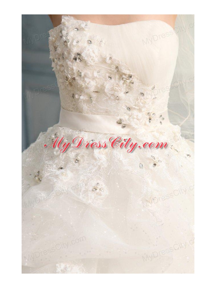 Strapless Ball Gown Appliques and Pick-ups Long Wedding Dress