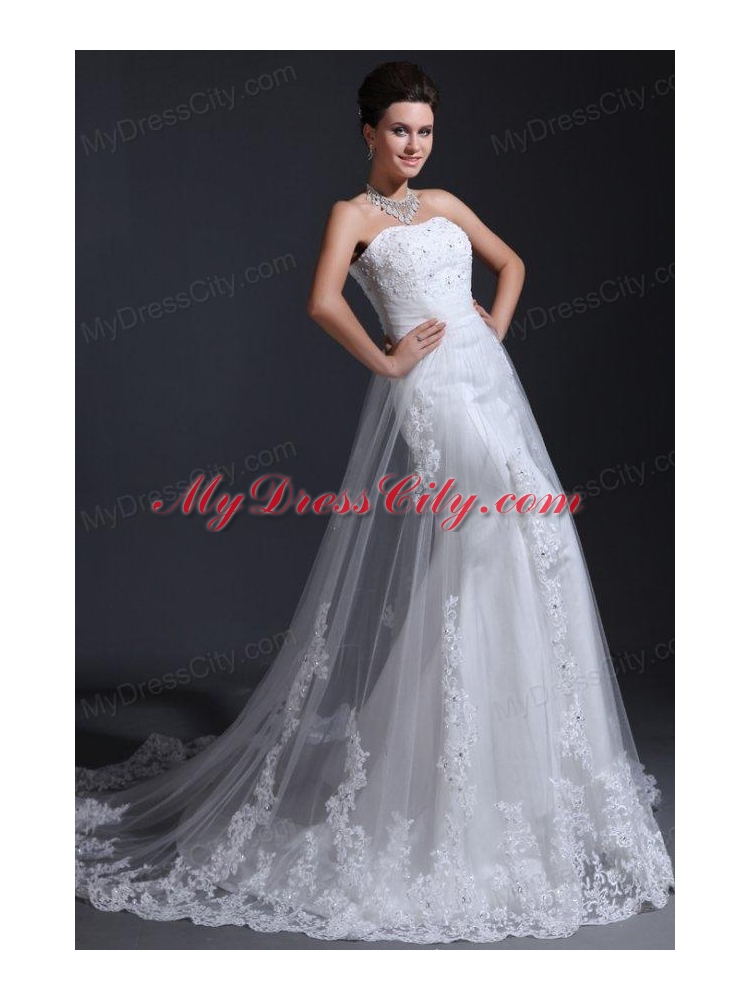 Strapless Mermaid Lace Appliques Wedding Dress with Chapel Train