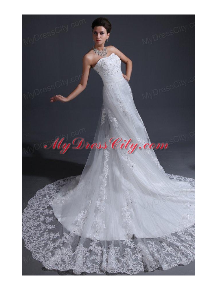 Strapless Mermaid Lace Appliques Wedding Dress with Chapel Train