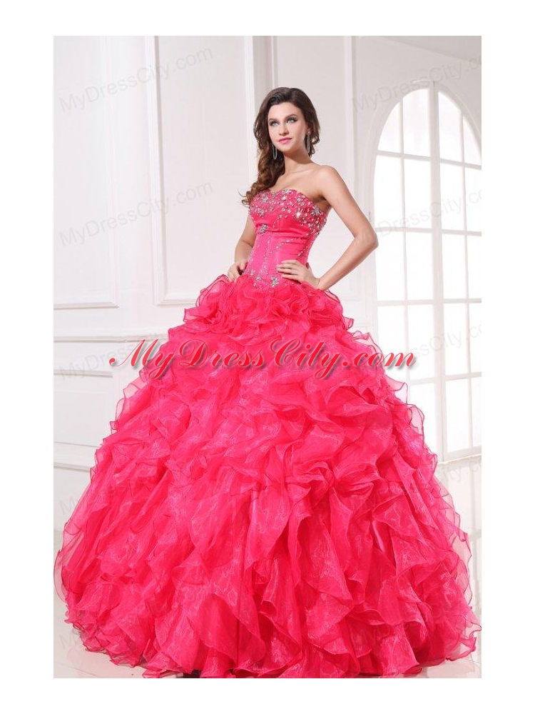 Strapless Organza Coral Red Quinceanera Dress with Beading and Ruffles