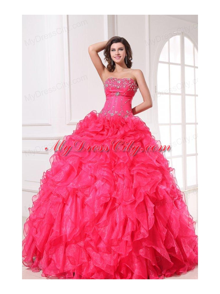 Strapless Organza Coral Red Quinceanera Dress with Beading and Ruffles