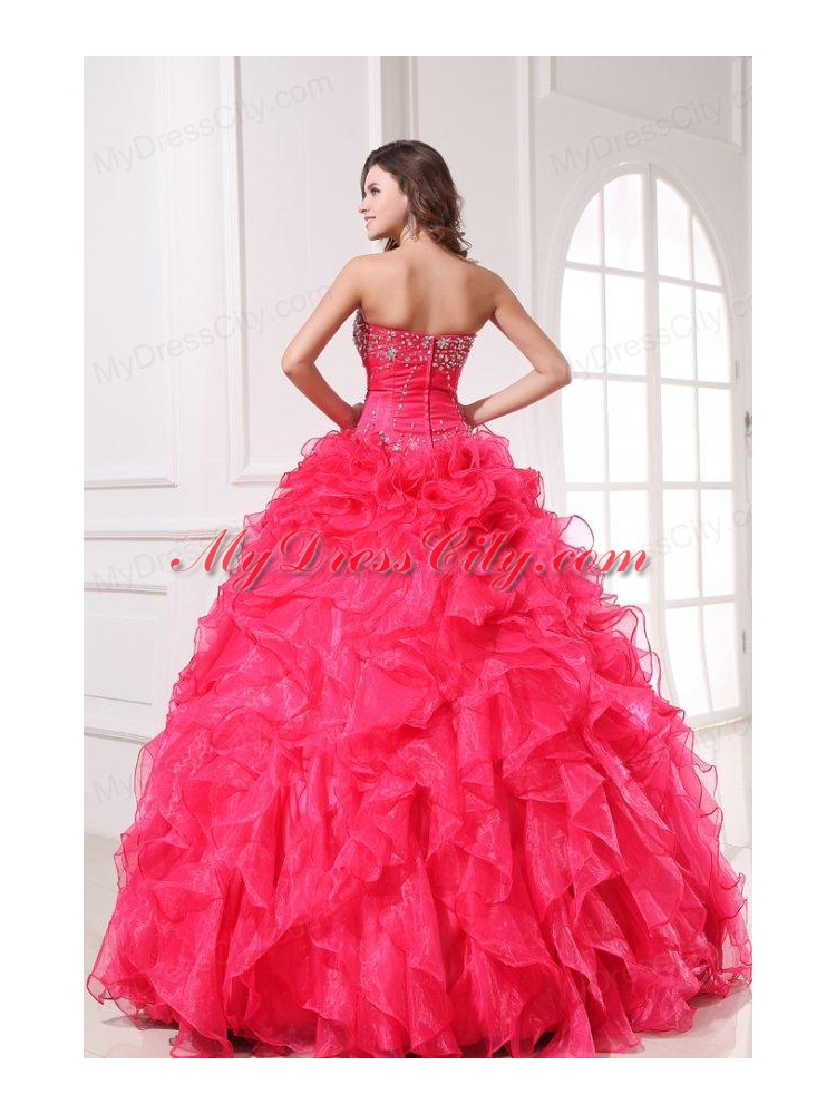 Strapless Organza Coral Red Quinceanera Dress with Beading and Ruffles