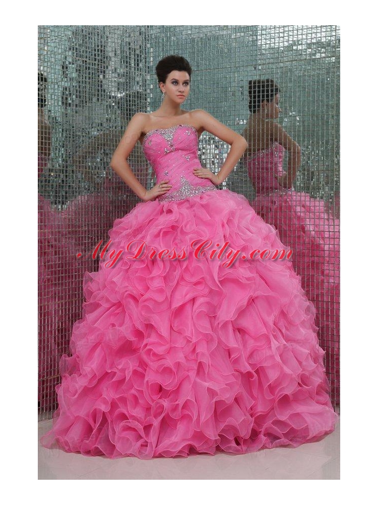 Strapless Rose Pink Organza Beading and Ruffles Quinceanera Dress