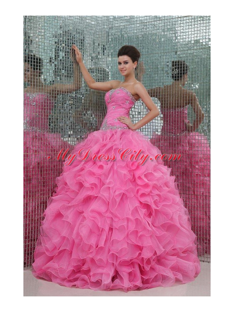 Strapless Rose Pink Organza Beading and Ruffles Quinceanera Dress