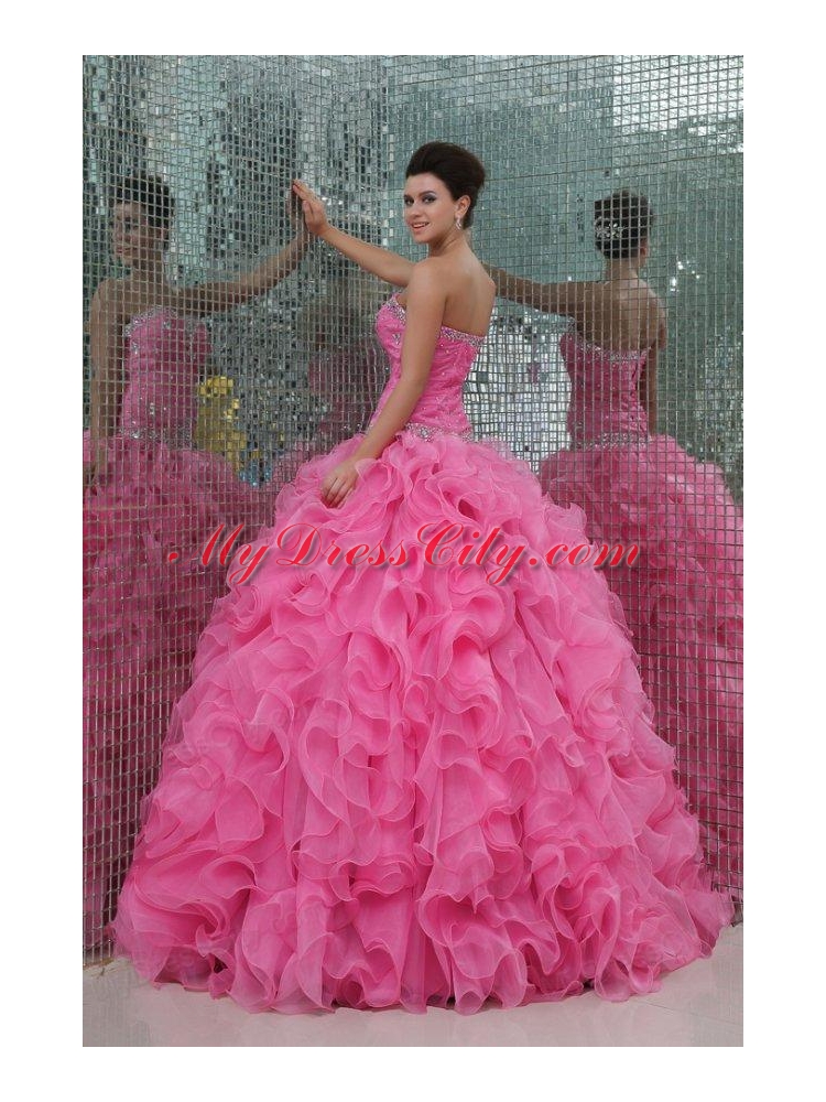 Strapless Rose Pink Organza Beading and Ruffles Quinceanera Dress