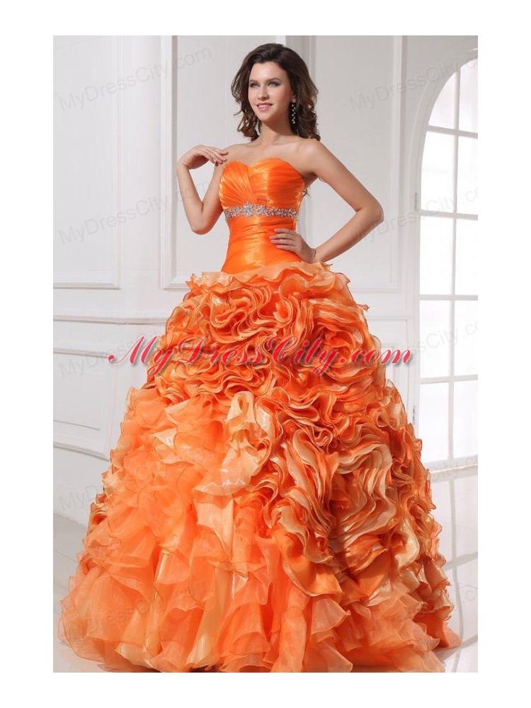 Sweetheart Beading and Rolling Flowers A-line Orange Quinceanera Dress