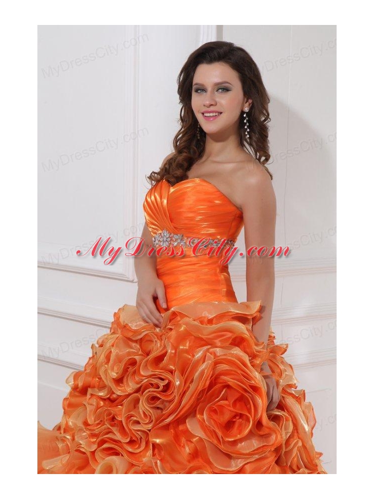 Sweetheart Beading and Rolling Flowers A-line Orange Quinceanera Dress