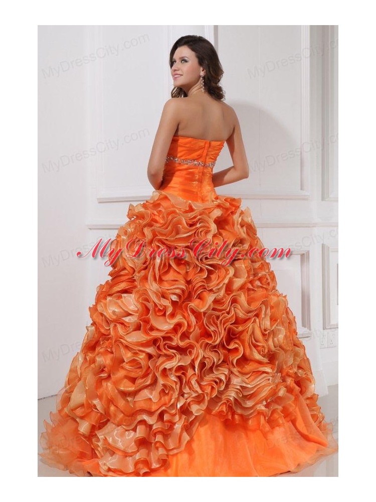 Sweetheart Beading and Rolling Flowers A-line Orange Quinceanera Dress