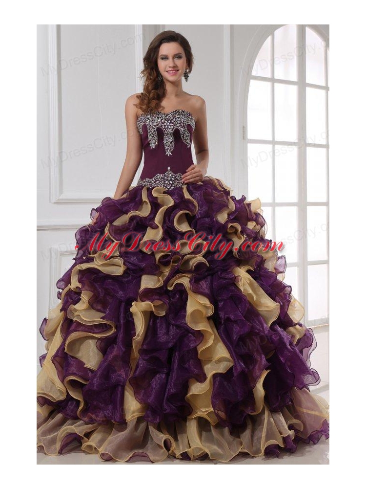 Sweetheart Beading and Ruffles Organza Multi-color Quinceanera Dress