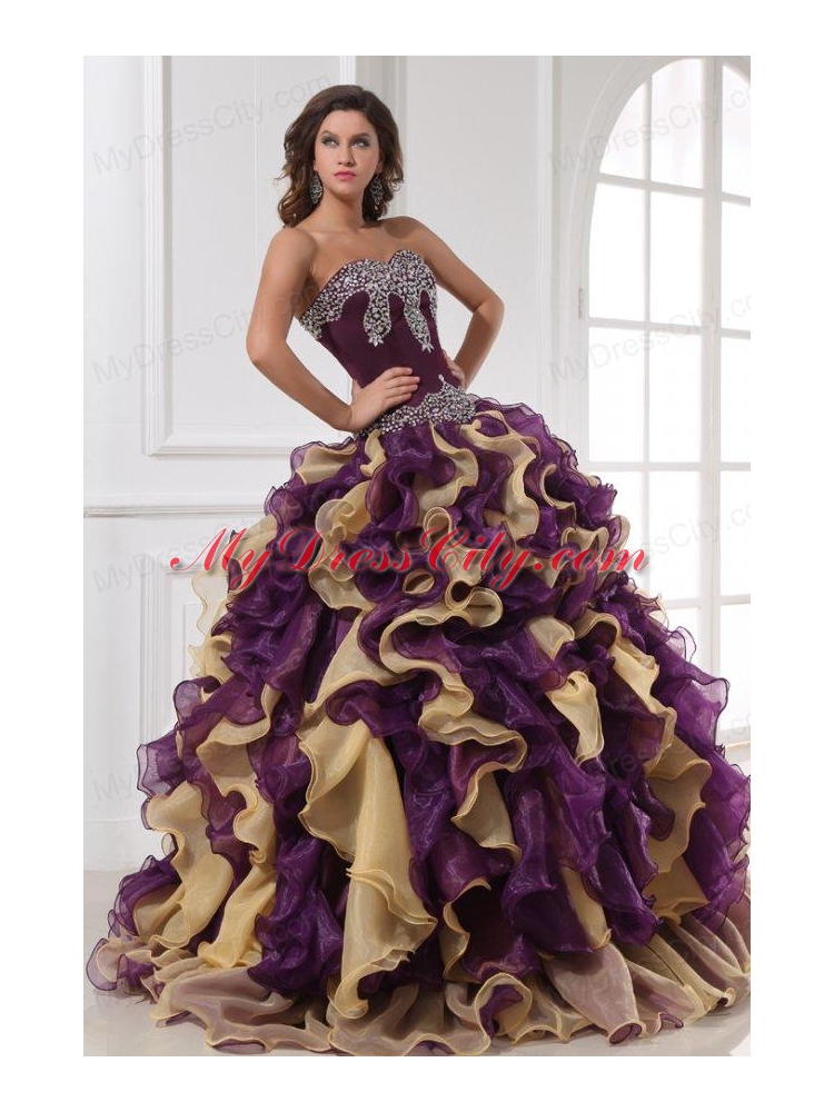 Sweetheart Beading and Ruffles Organza Multi-color Quinceanera Dress