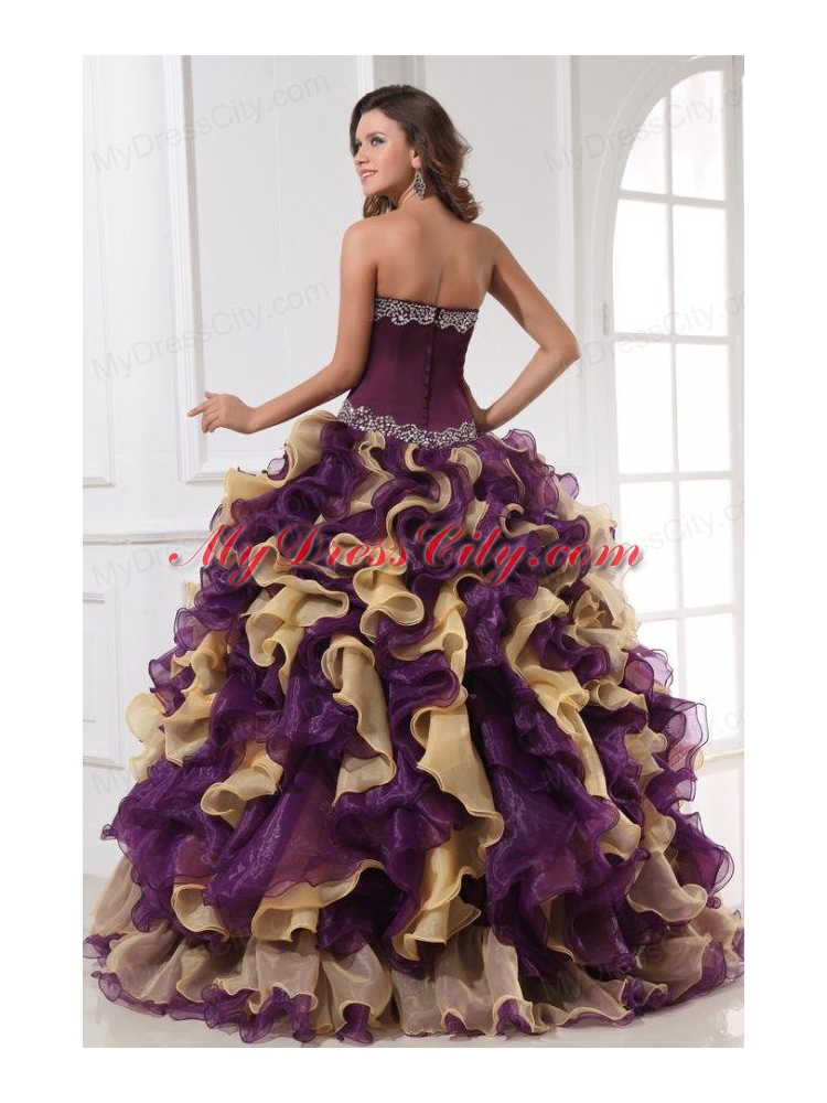 Sweetheart Beading and Ruffles Organza Multi-color Quinceanera Dress