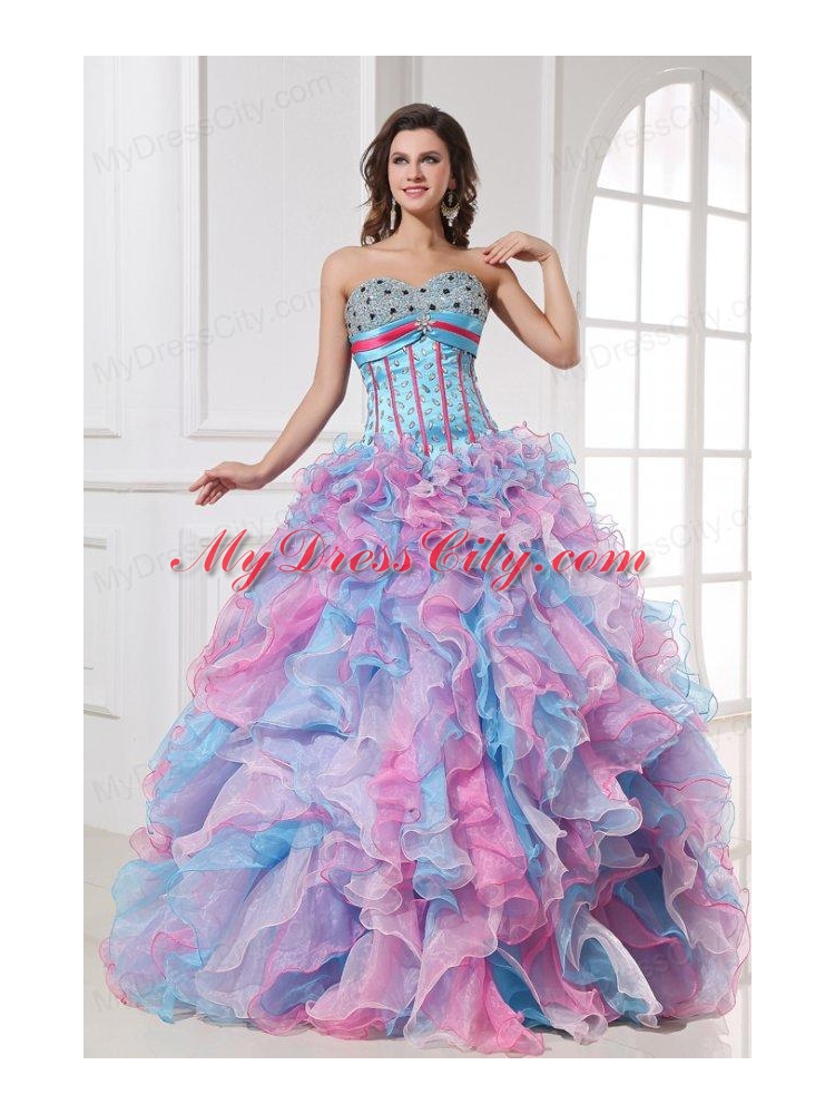 Sweetheart Beading and Ruffles Organza Quinceanera Dress in Multi-color