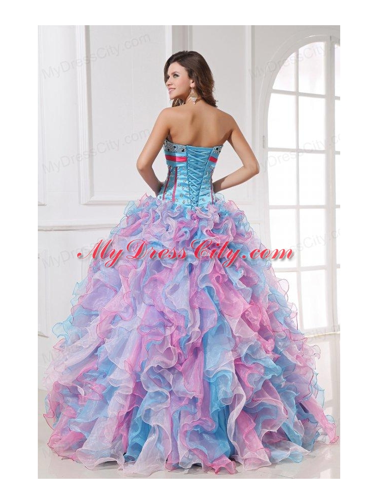 Sweetheart Beading and Ruffles Organza Quinceanera Dress in Multi-color