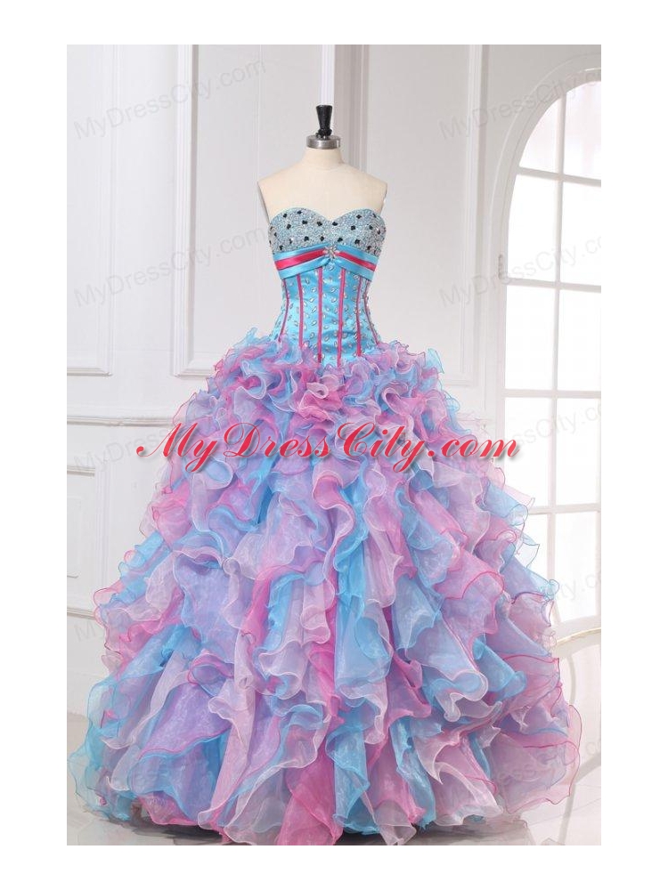 Sweetheart Beading and Ruffles Organza Quinceanera Dress in Multi-color