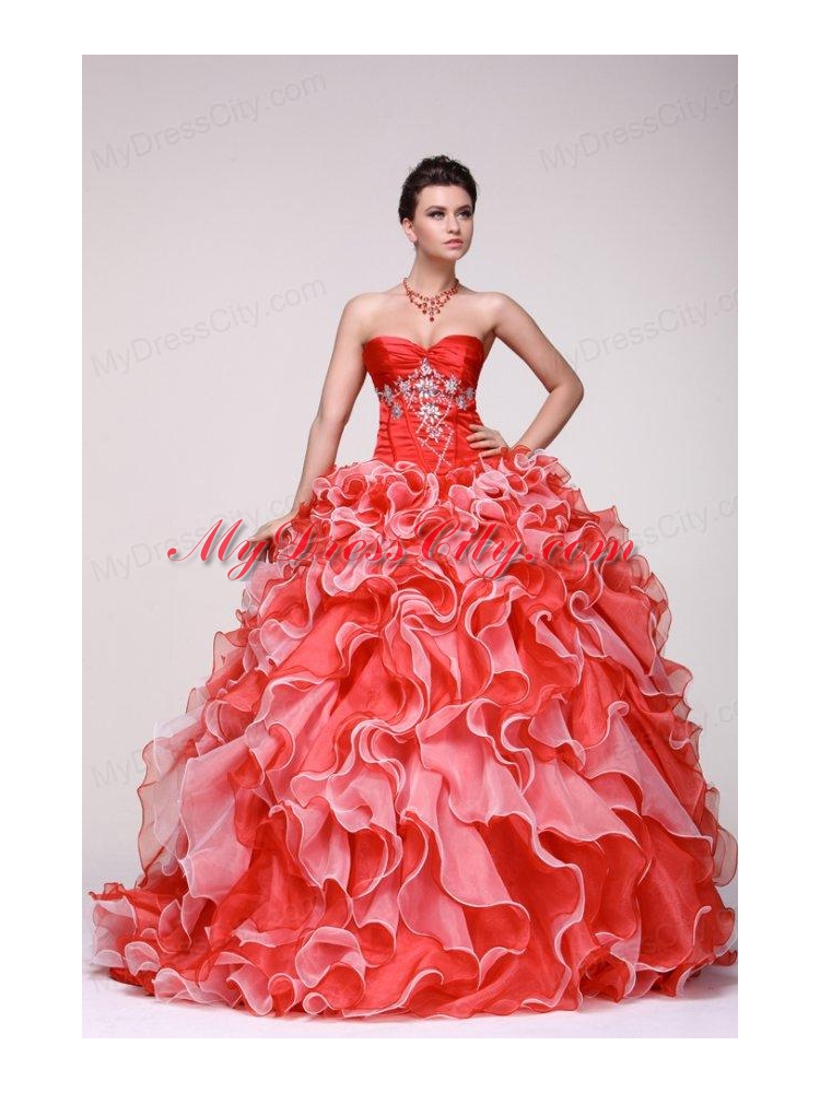 Sweetheart Beading and Ruffles Organza Quinceanera Dress in Red