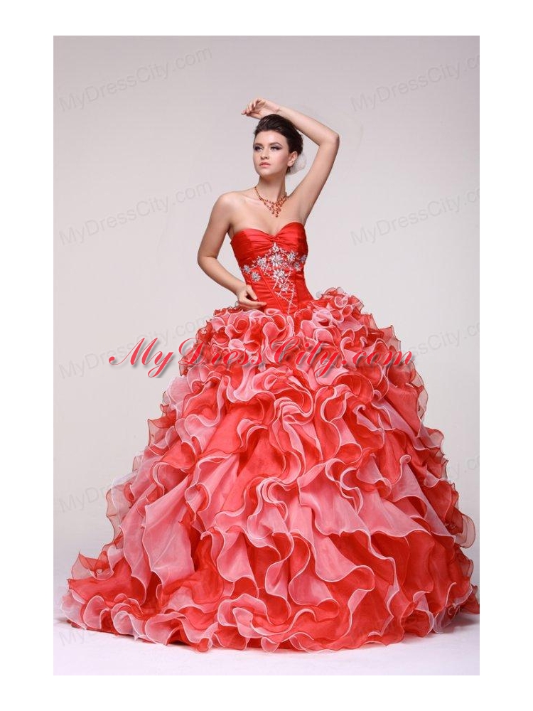 Sweetheart Beading and Ruffles Organza Quinceanera Dress in Red