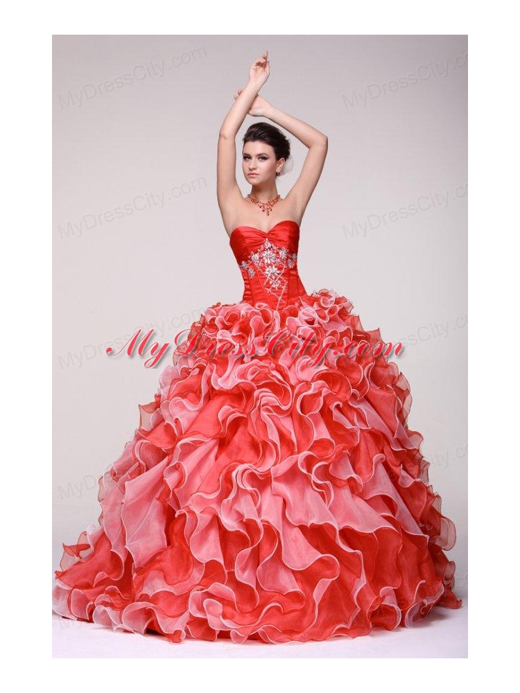 Sweetheart Beading and Ruffles Organza Quinceanera Dress in Red