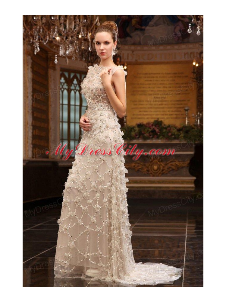 Unique Empire Bateau Brush Train Wedding Dress with Special Fabric