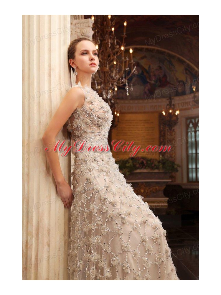 Unique Empire Bateau Brush Train Wedding Dress with Special Fabric