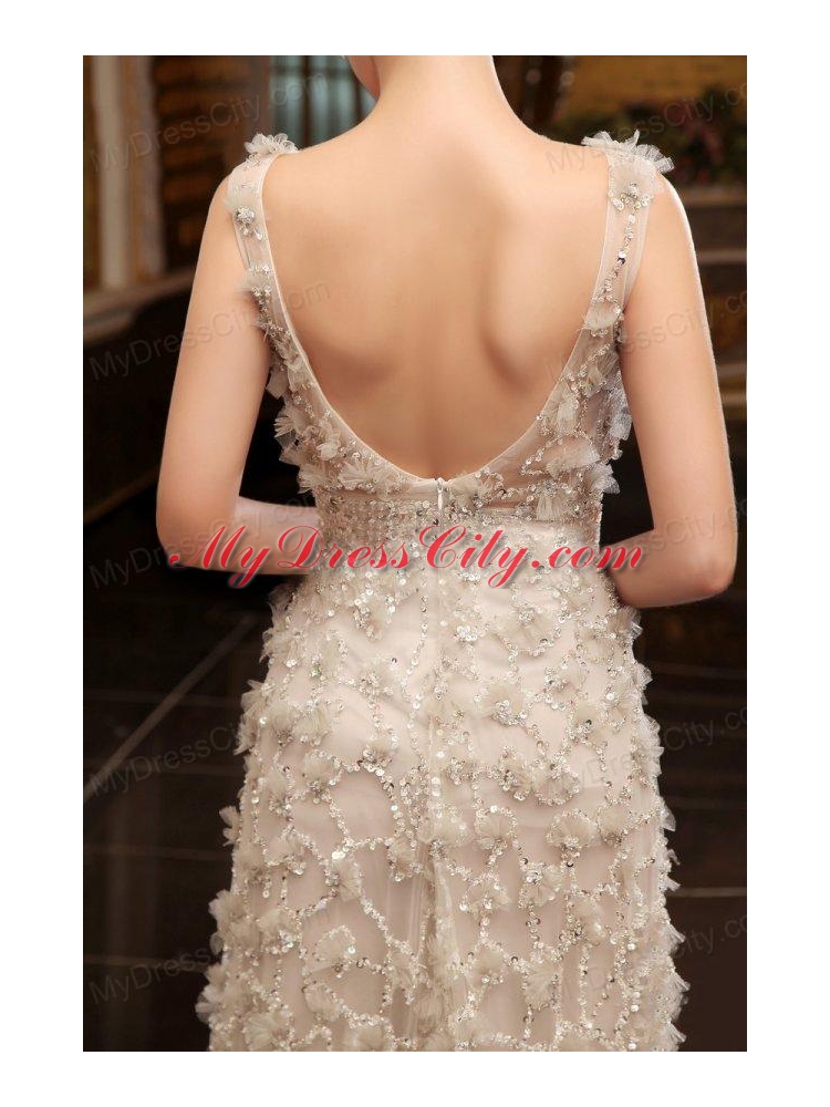 Unique Empire Bateau Brush Train Wedding Dress with Special Fabric