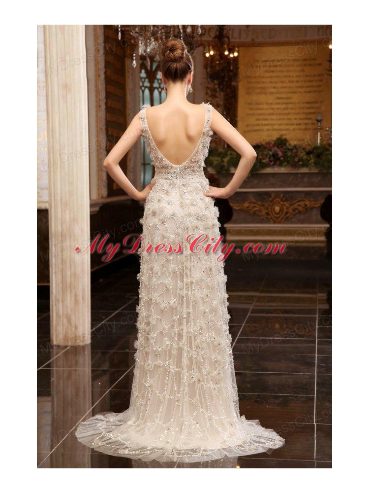 Unique Empire Bateau Brush Train Wedding Dress with Special Fabric