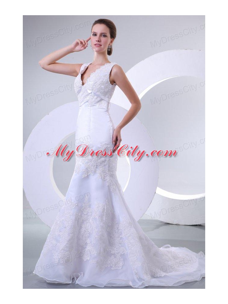 V-neck Mermaid Organza Appliques Wedding Dress for 2014 Spring