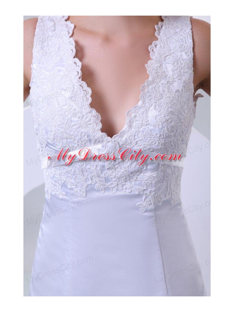 V-neck Mermaid Organza Appliques Wedding Dress for 2014 Spring