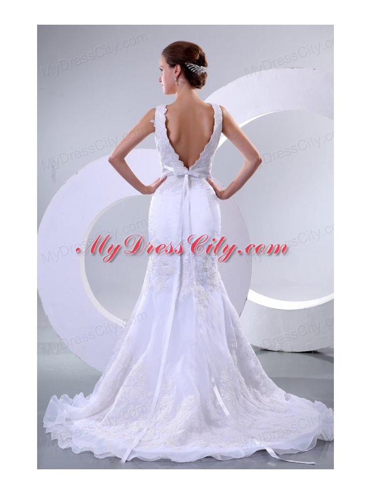 V-neck Mermaid Organza Appliques Wedding Dress for 2014 Spring