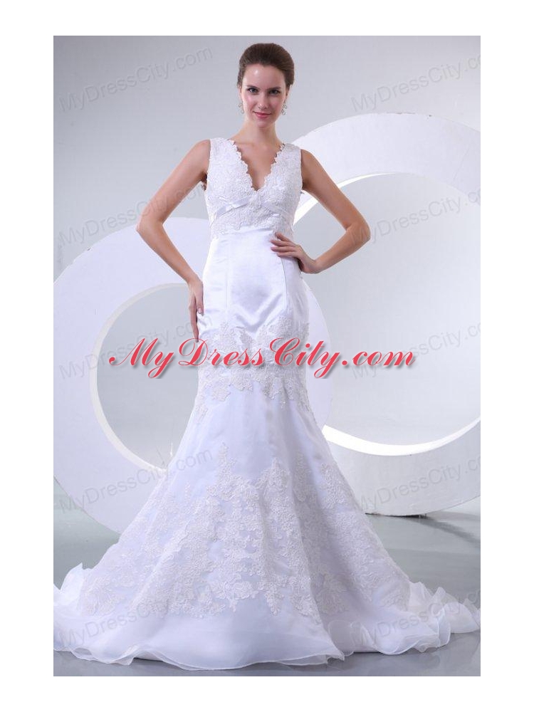 V-neck Mermaid Organza Appliques Wedding Dress for 2014 Spring