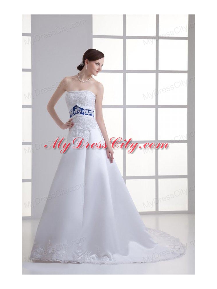 A-line Appliques Strapless Satin Belt Court Train Wedding Dress