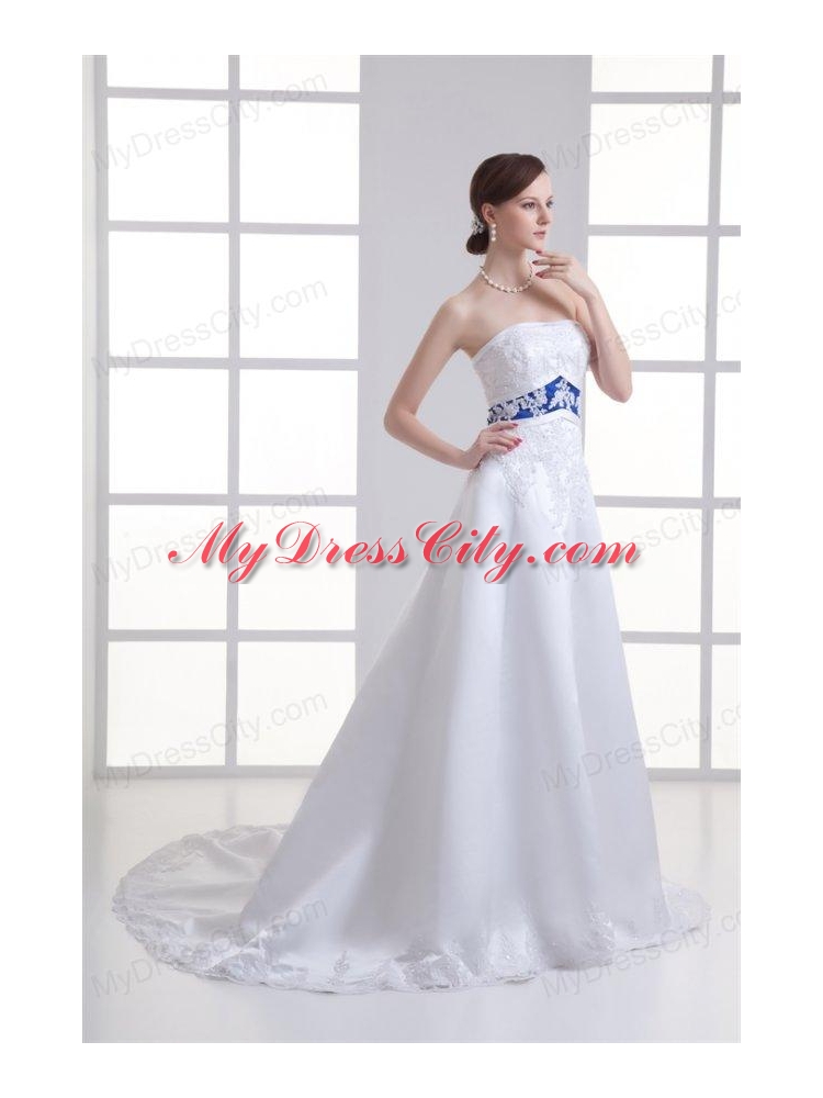 A-line Appliques Strapless Satin Belt Court Train Wedding Dress