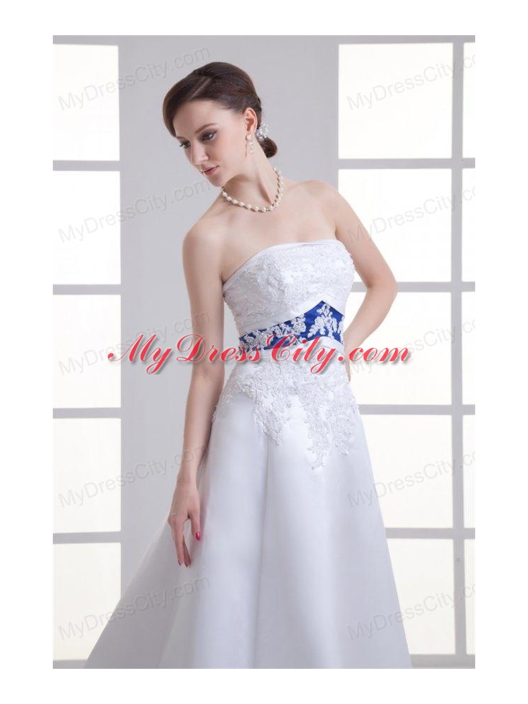 A-line Appliques Strapless Satin Belt Court Train Wedding Dress