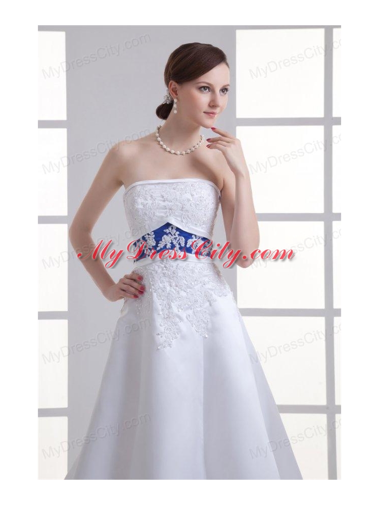 A-line Appliques Strapless Satin Belt Court Train Wedding Dress