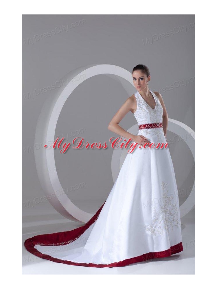 A-Line Halter Embroidery Lace Up Wedding Dress with Satin Chapel Train