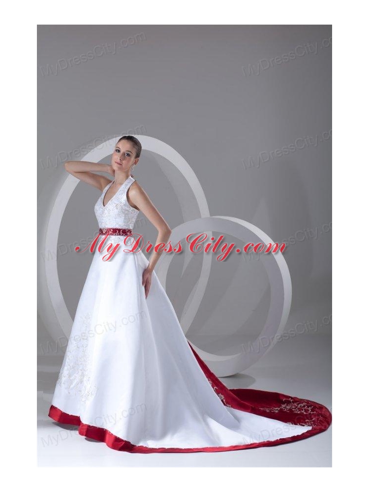 A-Line Halter Embroidery Lace Up Wedding Dress with Satin Chapel Train