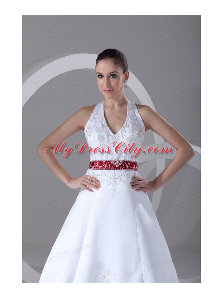 A-Line Halter Embroidery Lace Up Wedding Dress with Satin Chapel Train