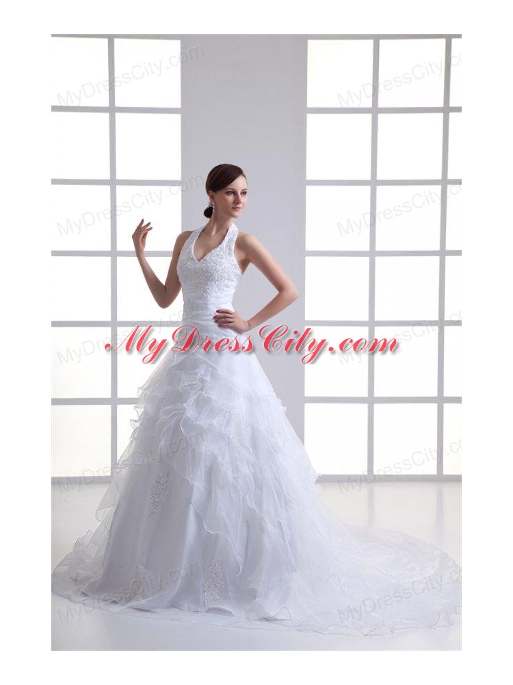 A-line Halter Top Appliques and Ruching Court Train Wedding Dress