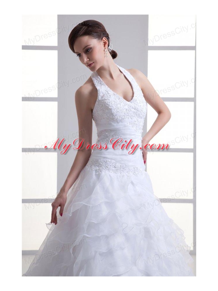 A-line Halter Top Appliques and Ruching Court Train Wedding Dress