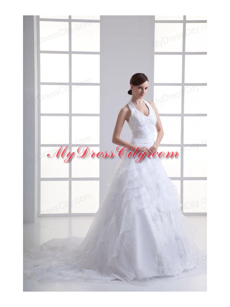 A-line Halter Top Appliques and Ruching Court Train Wedding Dress