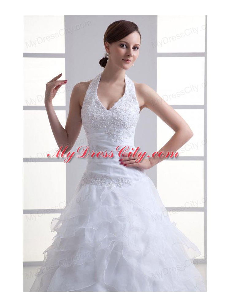 A-line Halter Top Appliques and Ruching Court Train Wedding Dress